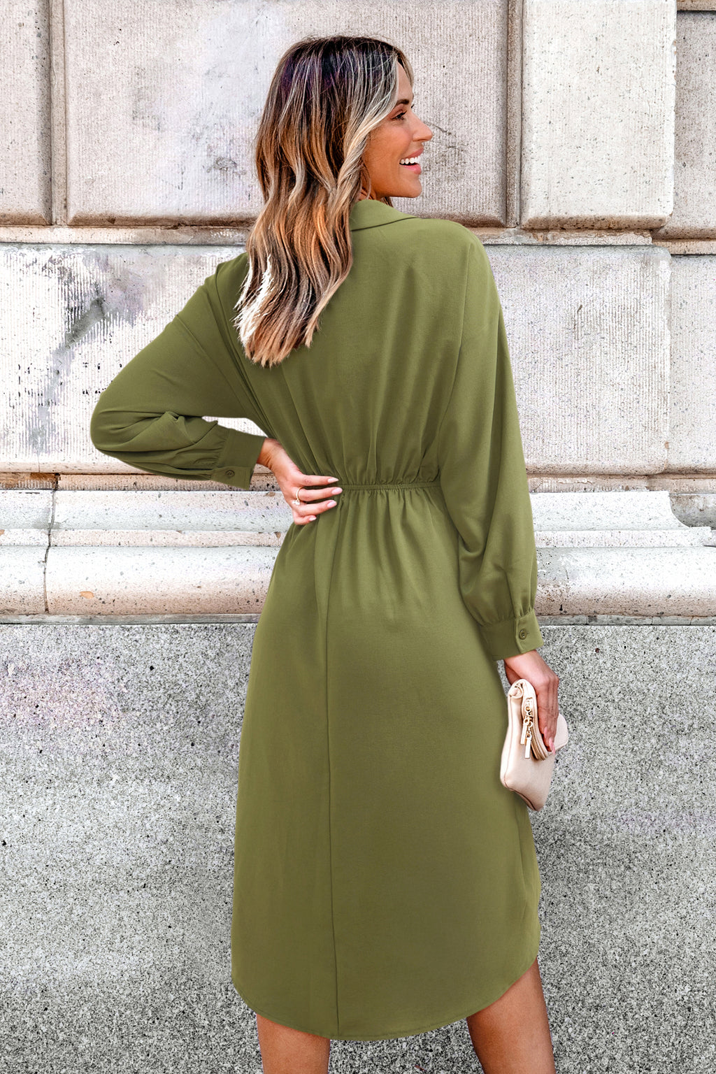 Grünes Lange Ärmel Midikleid mit Taillengürtel