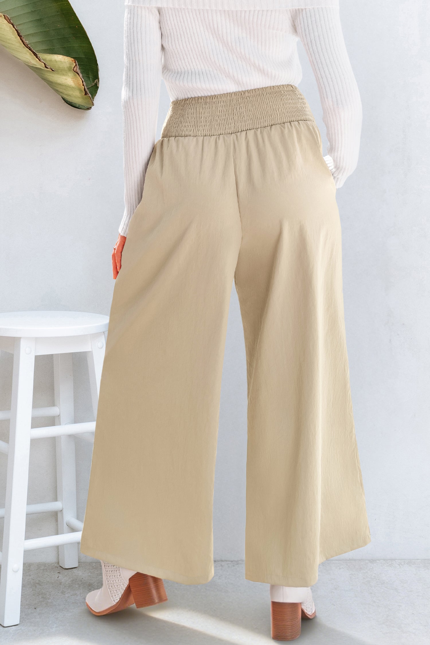 Beige Gesmokter Bund Hose mit Kordelzug