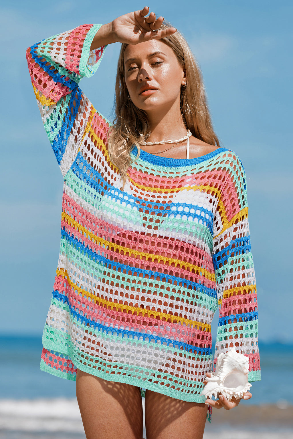 Gestreiftes Gestricktes Langarm Schulterfreies Strandtop