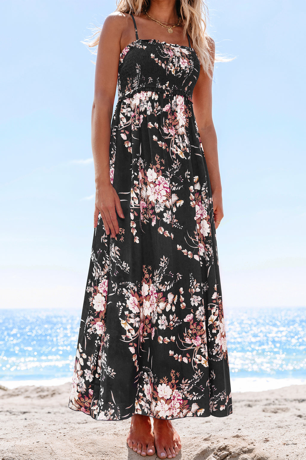 Gesmoktes Maxikleid mit Blumenmuster