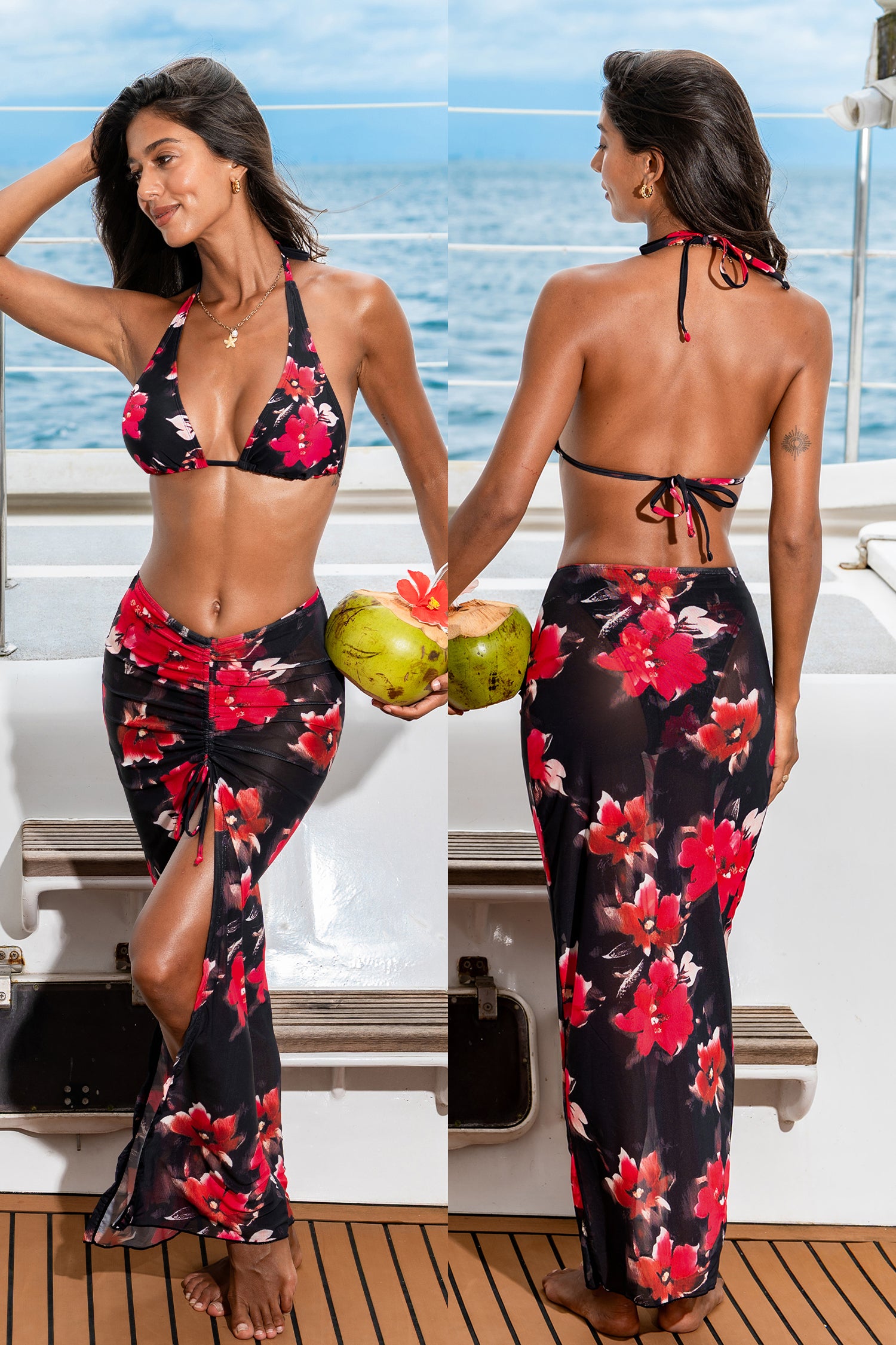 3-teiliges Geblümtes Bikini-Set mit Sarong
