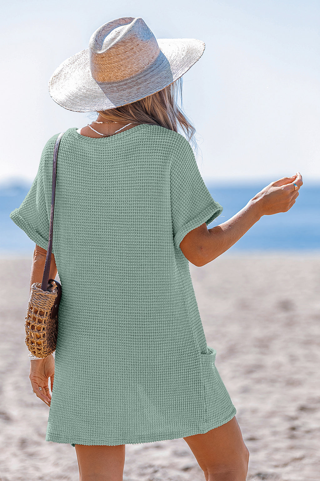 Grünes V-Ausschnitt Mini-Strandkleid mit Taschen