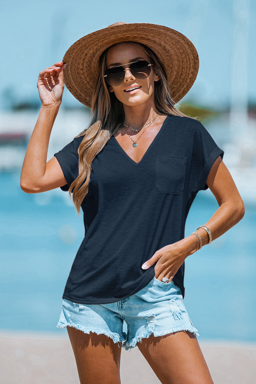 Blaues V-Ausschnitt Kurzarm Leicht Transparentes T-Shirt