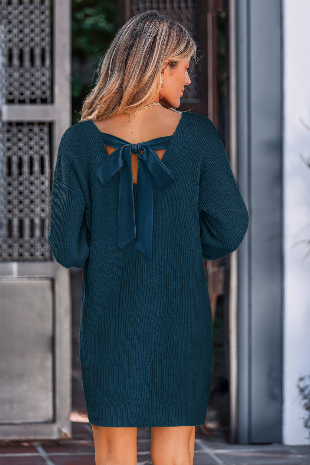 Blaues V-Ausschnitt Strickkleid