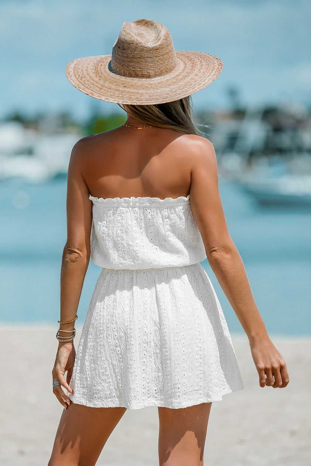 Weißes Ärmelloses Bandeau-Mini-Strandkleid