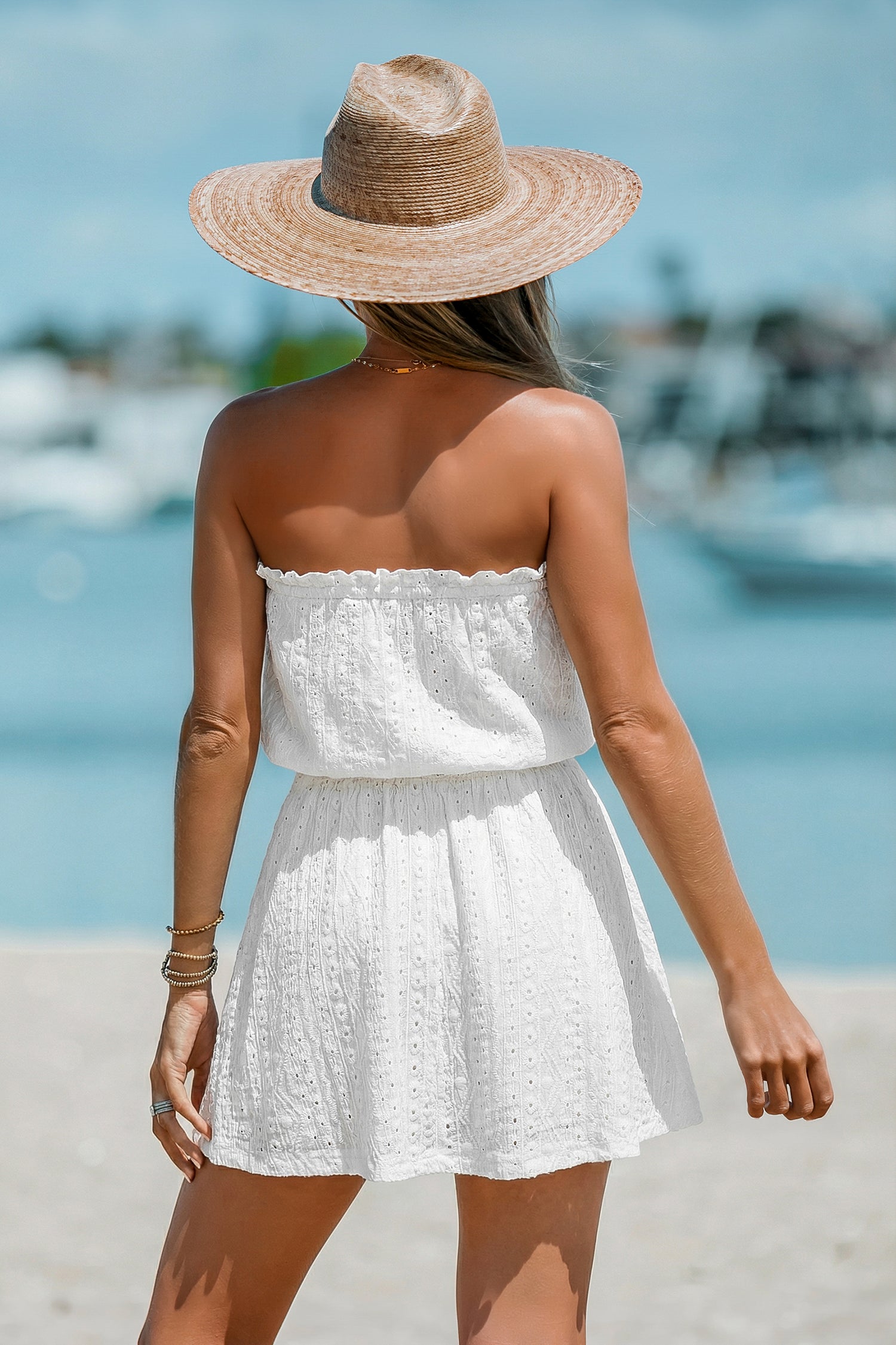 Weißes Ärmelloses Bandeau-Mini-Strandkleid