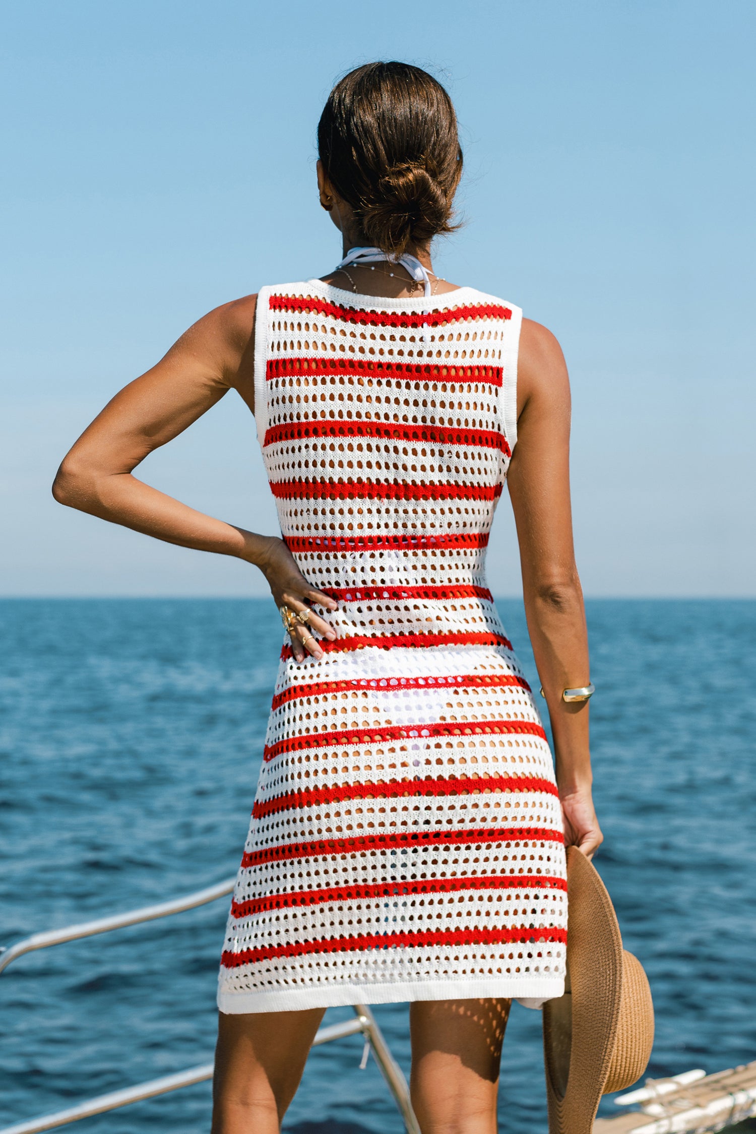 Rot-Weiß Gestreiftes Ärmelloses Mini-Strick-Strandkleid