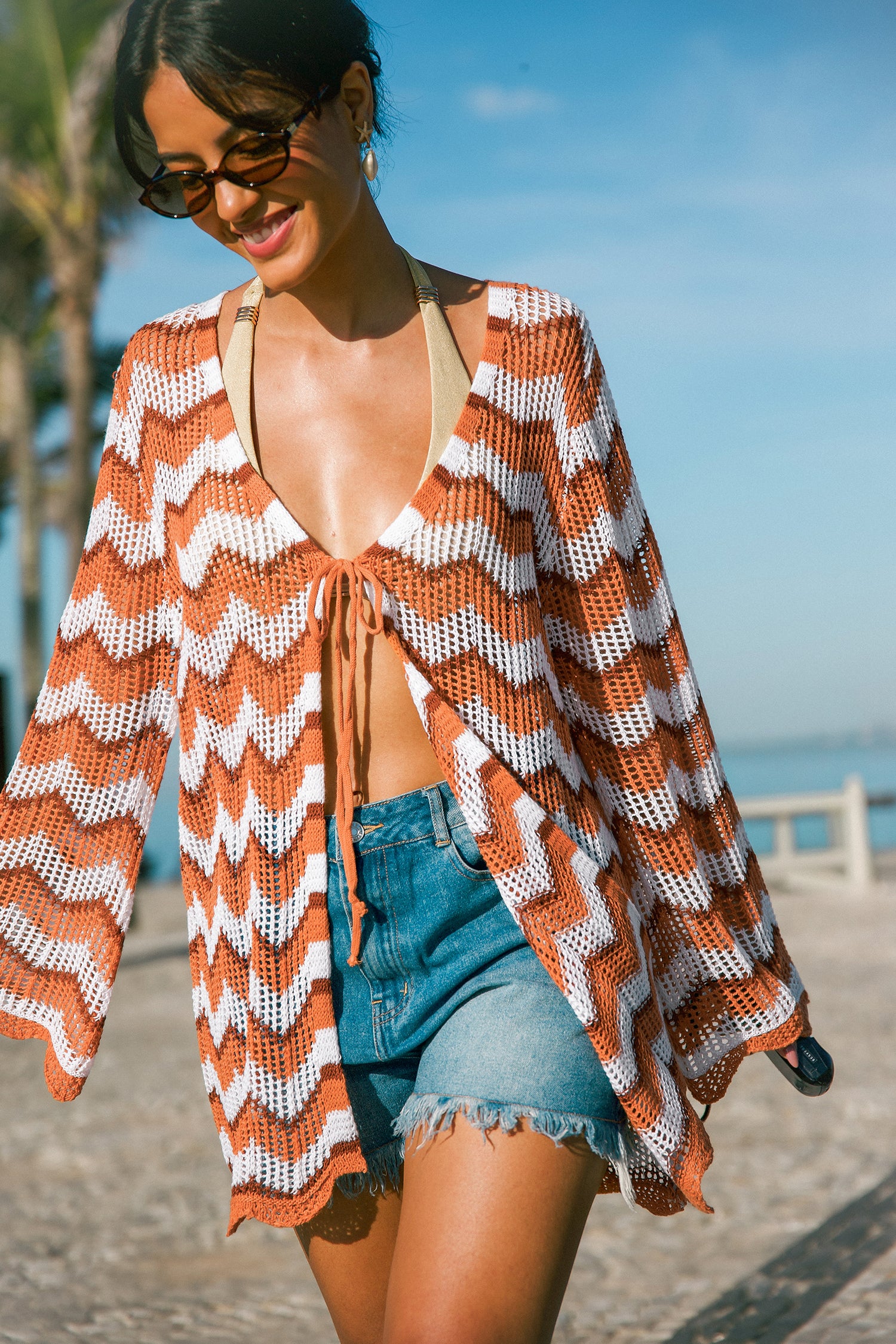 Chevron Longline Langarm Strick-Strand-Kimono