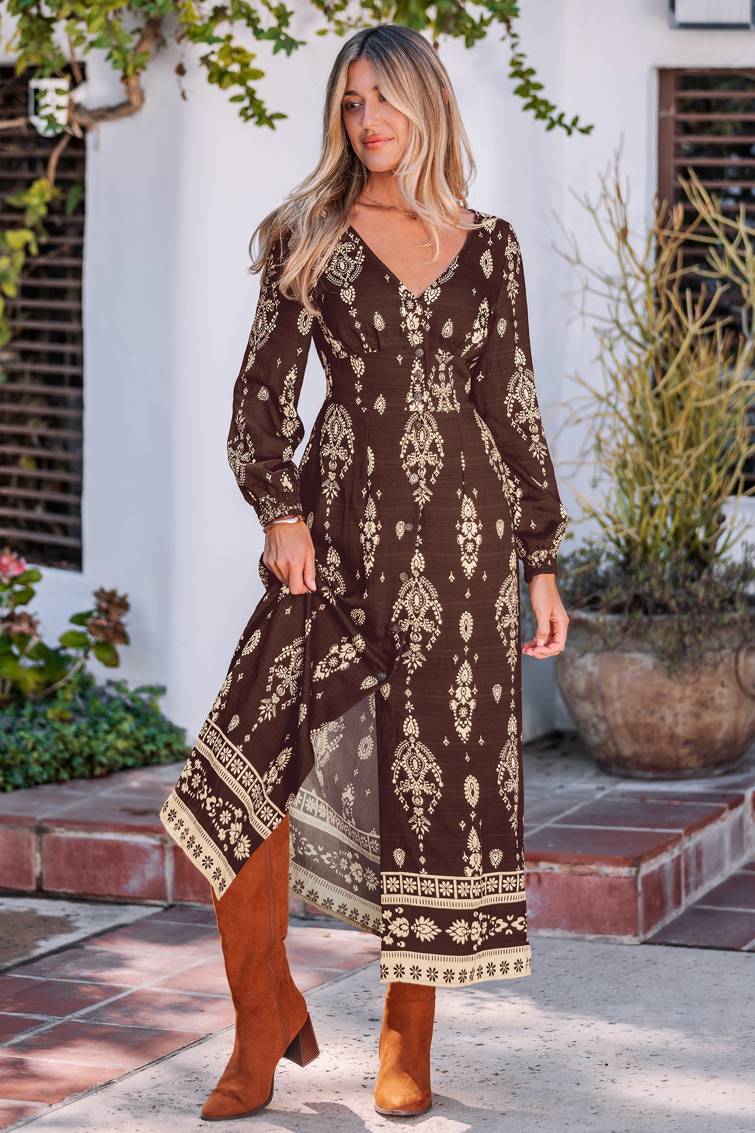Verziertes V-Ausschnitt Lange Ärmel Maxikleid