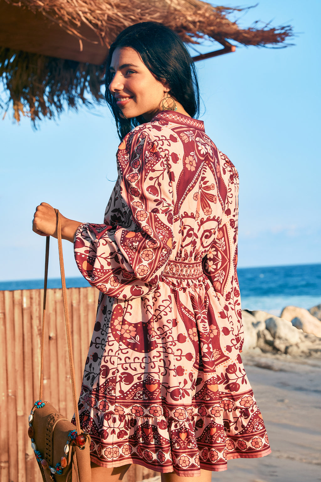 Boho braunes Lange Ärmel Minikleid