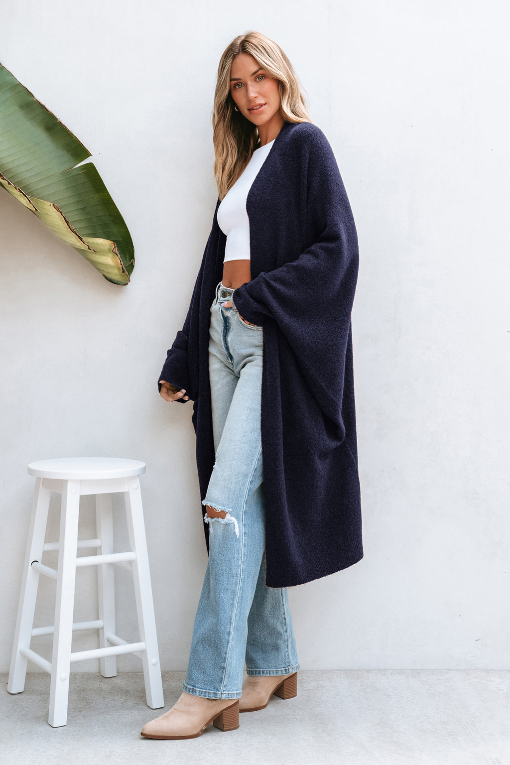 Marineblaue Dolman-Ärmel Lange Strickjacke