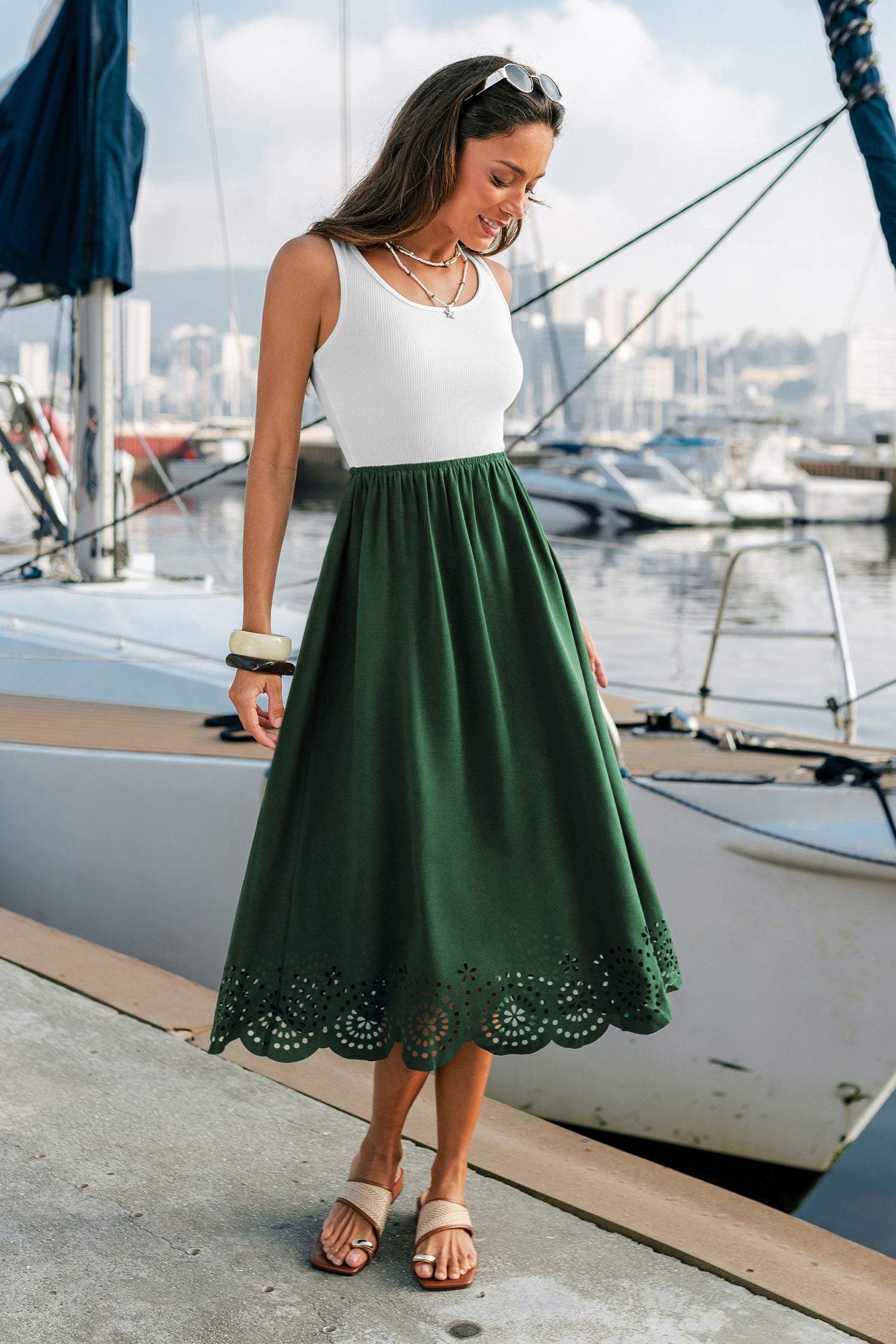 Grünes Farbblock Midi-Urlaubs-Sommerkleid