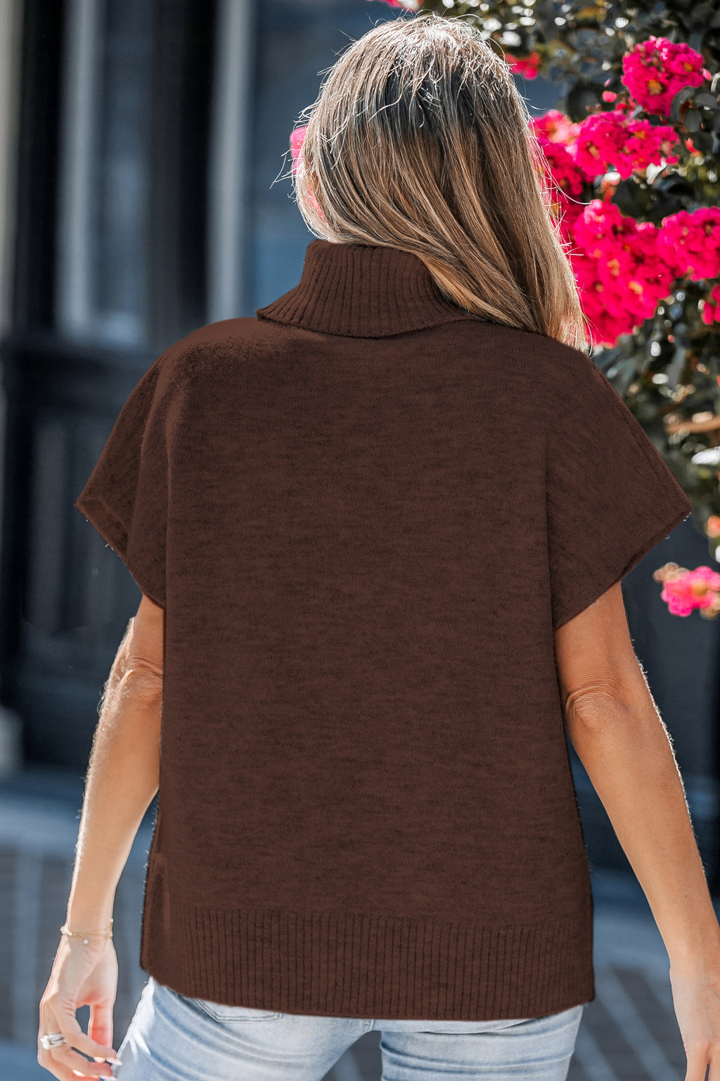 Brauner Rollkragen Kurze Ärmel Pullover