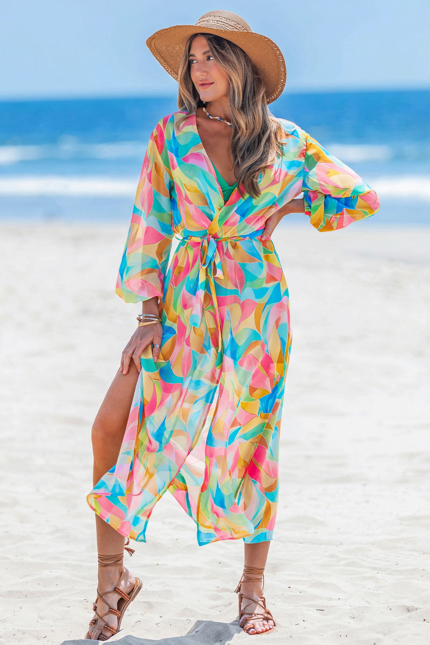 Abstrakter Langarm Strandkimono in Wickeloptik