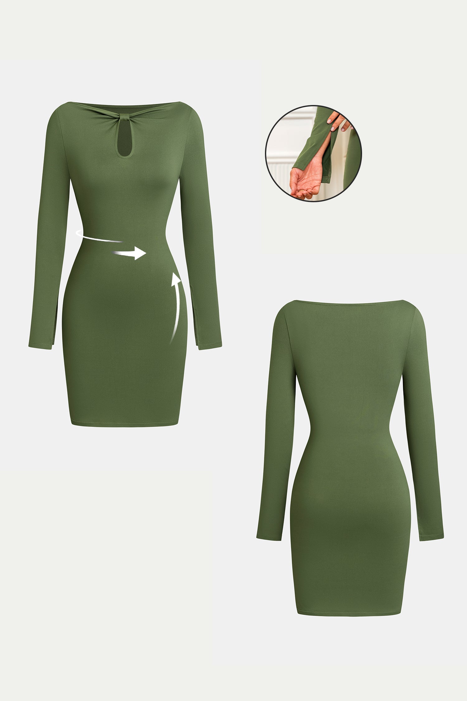 Grünes Lange Ärmel Minikleid mit Schlüssellochdetail
