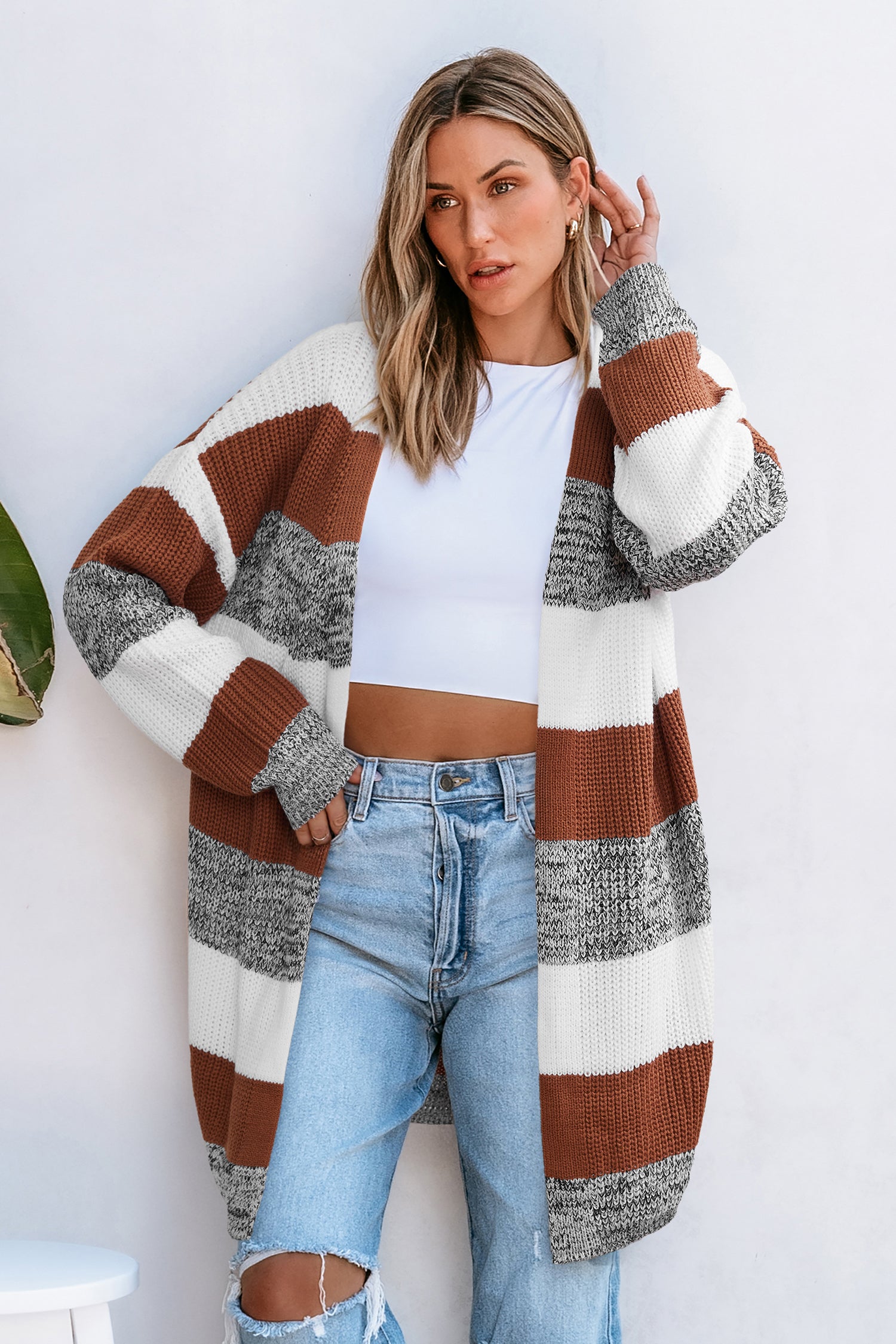 Gestreifte Offene Vorderseite Strickjacke