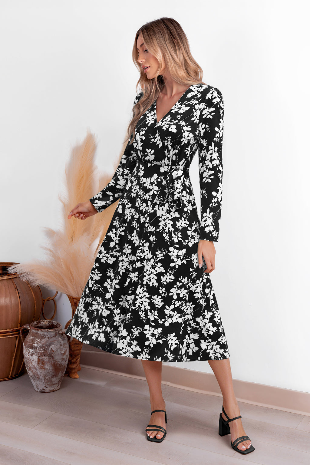 Geblümtes Lange Ärmel Maxi-Wickelkleid