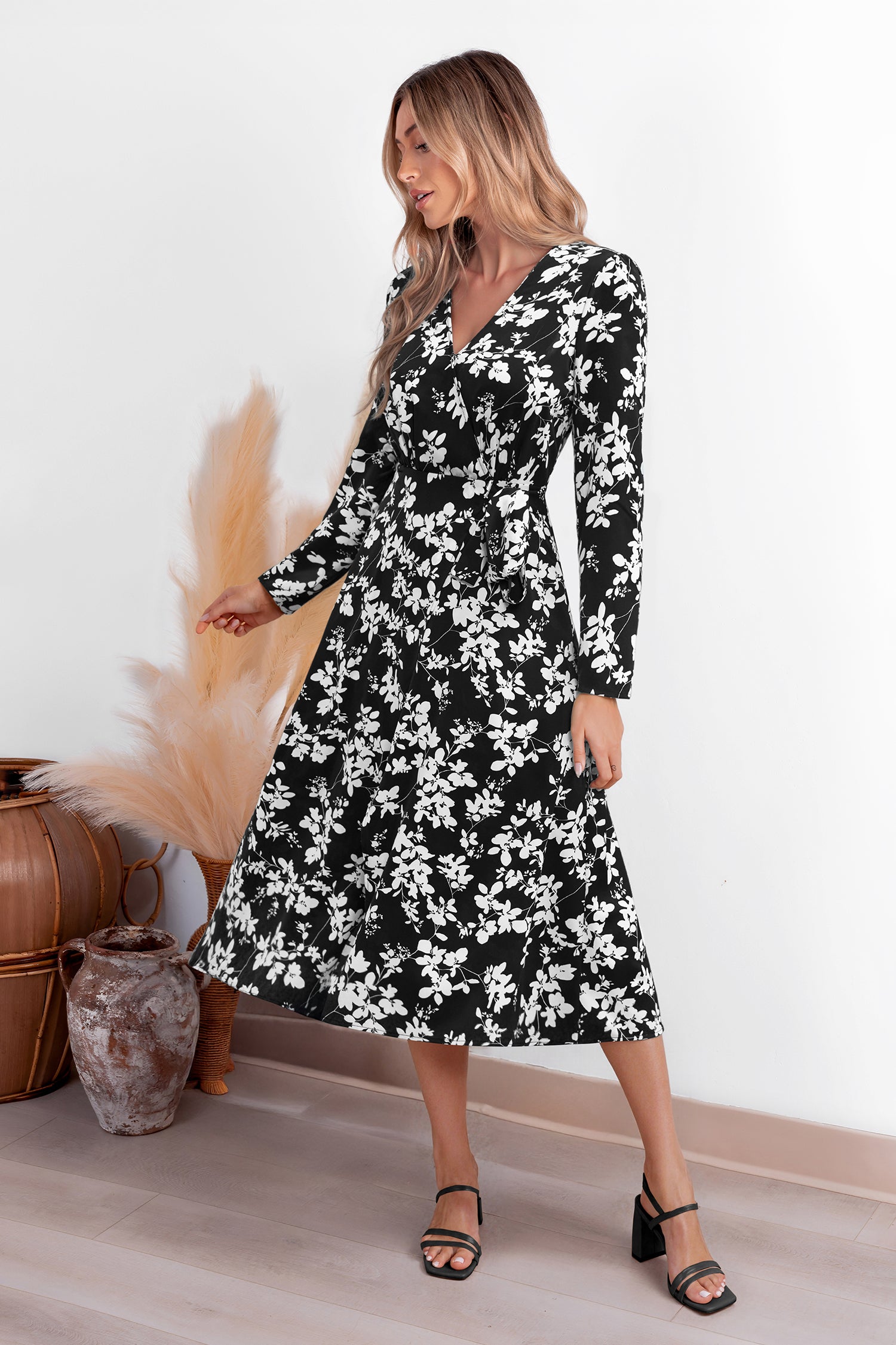 Geblümtes Lange Ärmel Maxi-Wickelkleid