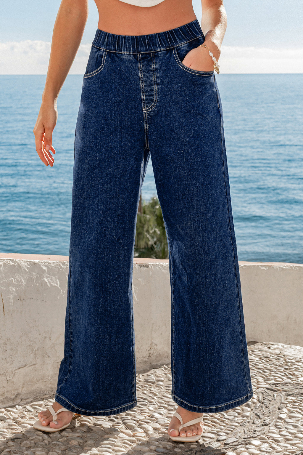 Blaue Elastischer Bund Wide-Leg-Jeans