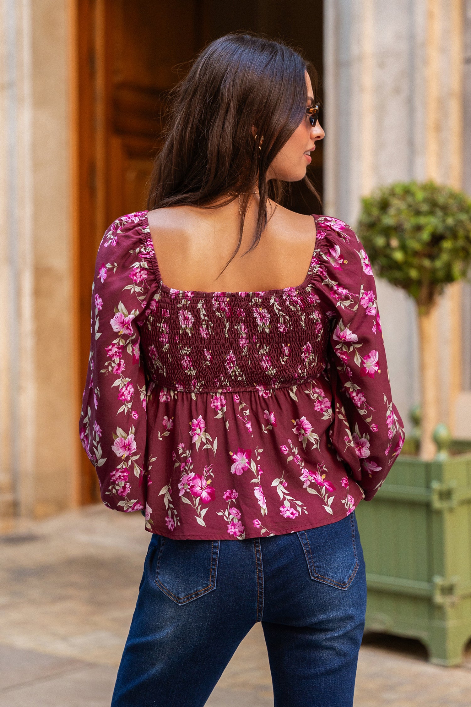 Rotes Lange Ärmel Top mit Blumenmuster