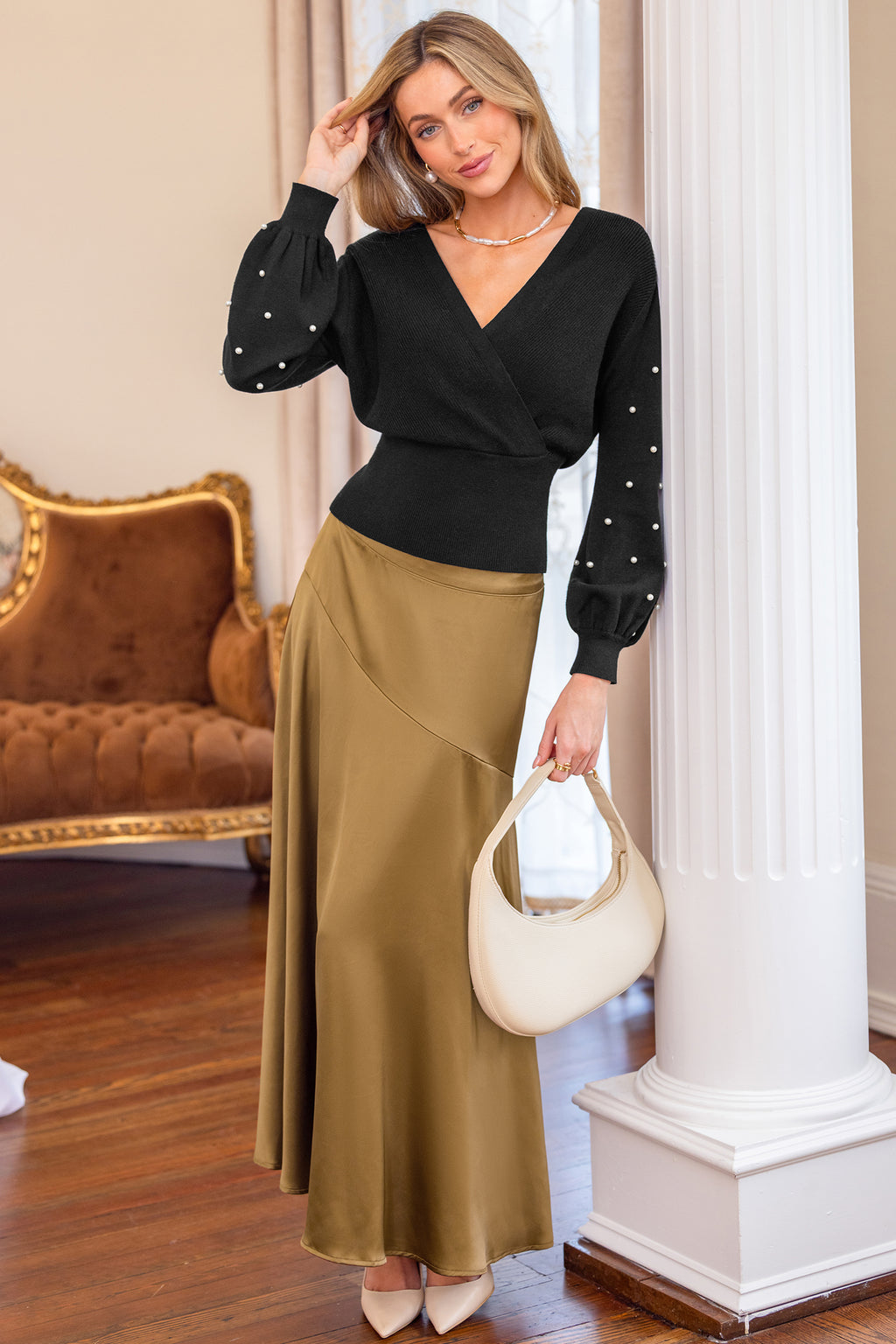 Schwarzer Geraffte Taille Wickel-Pullover