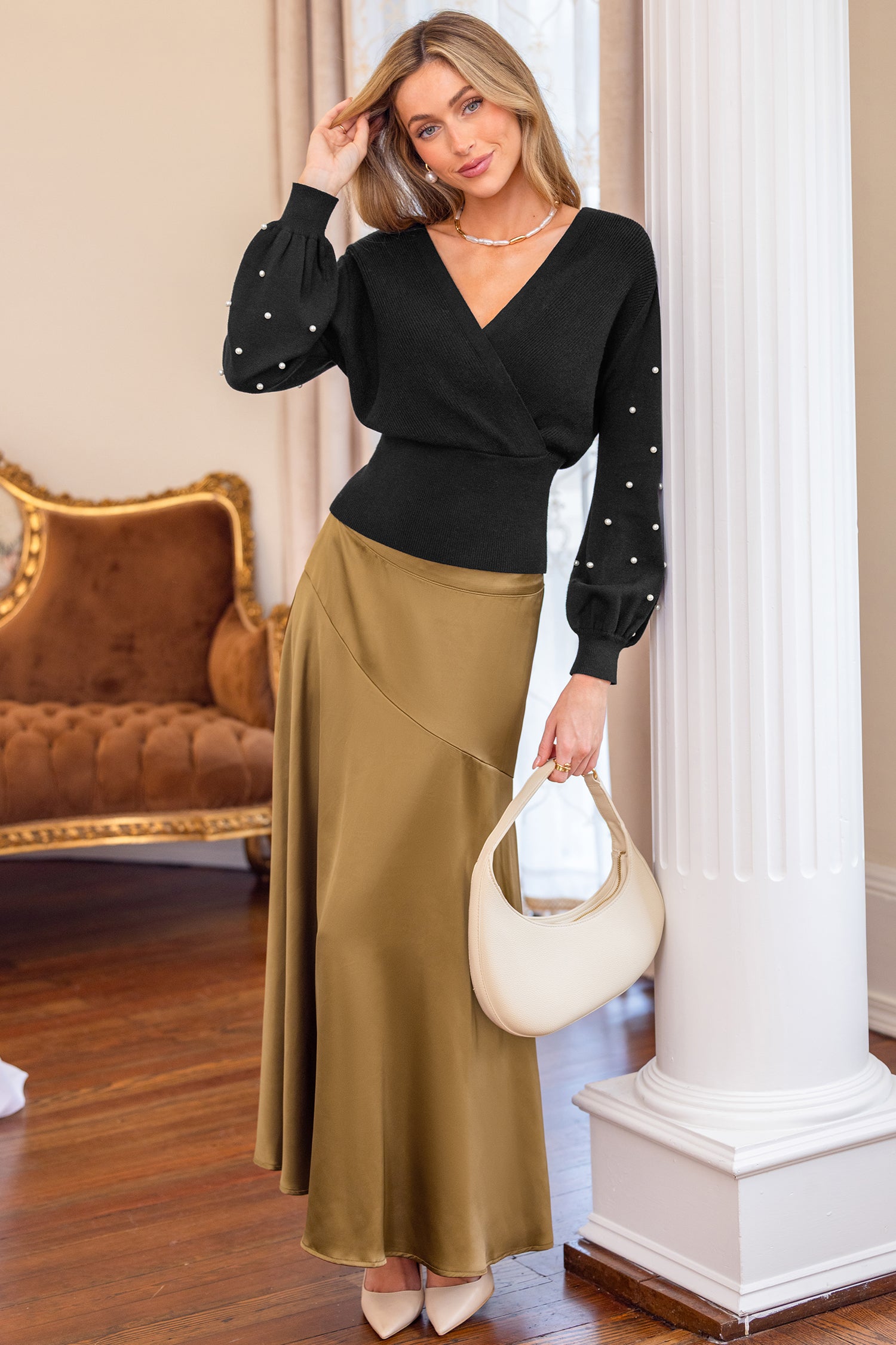 Schwarzer Geraffte Taille Wickel-Pullover