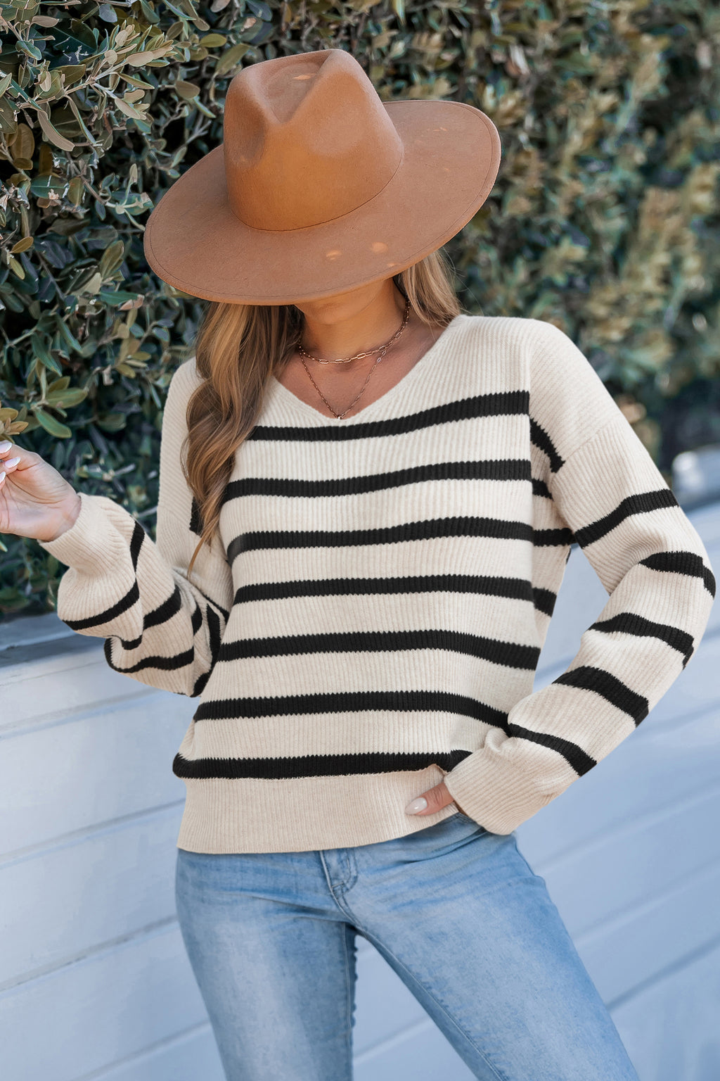 Gestreifter Lange Ärmel Strick-Pullover mit Schleifendetail
