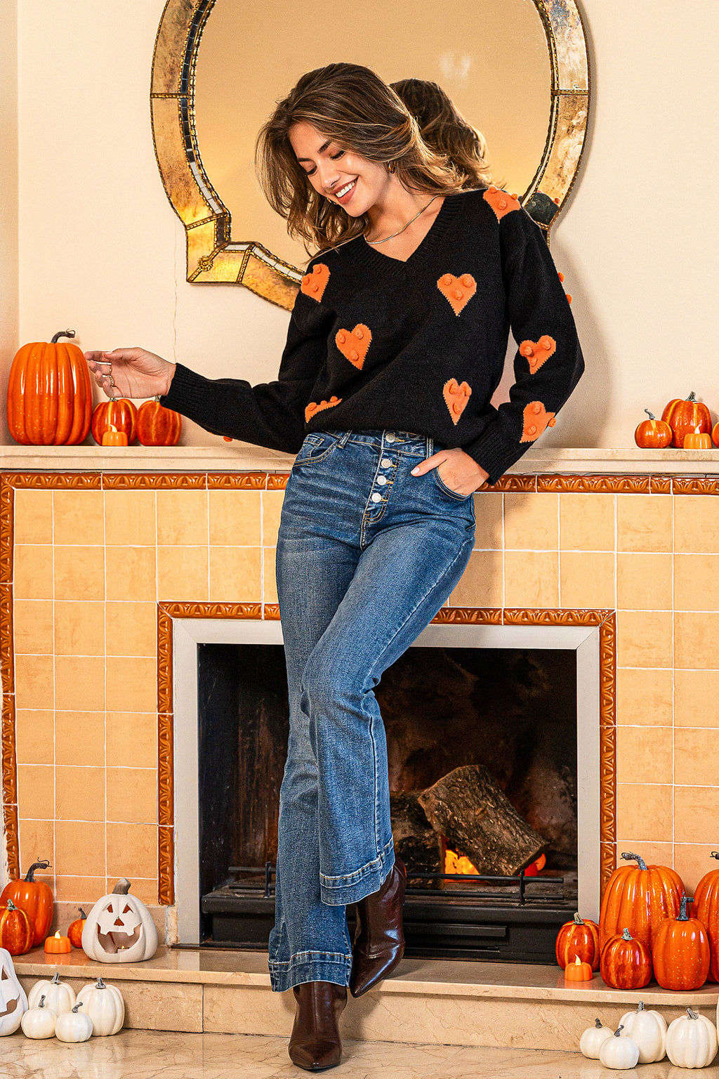 Halloween Schwarzer V-Ausschnitt Pullover