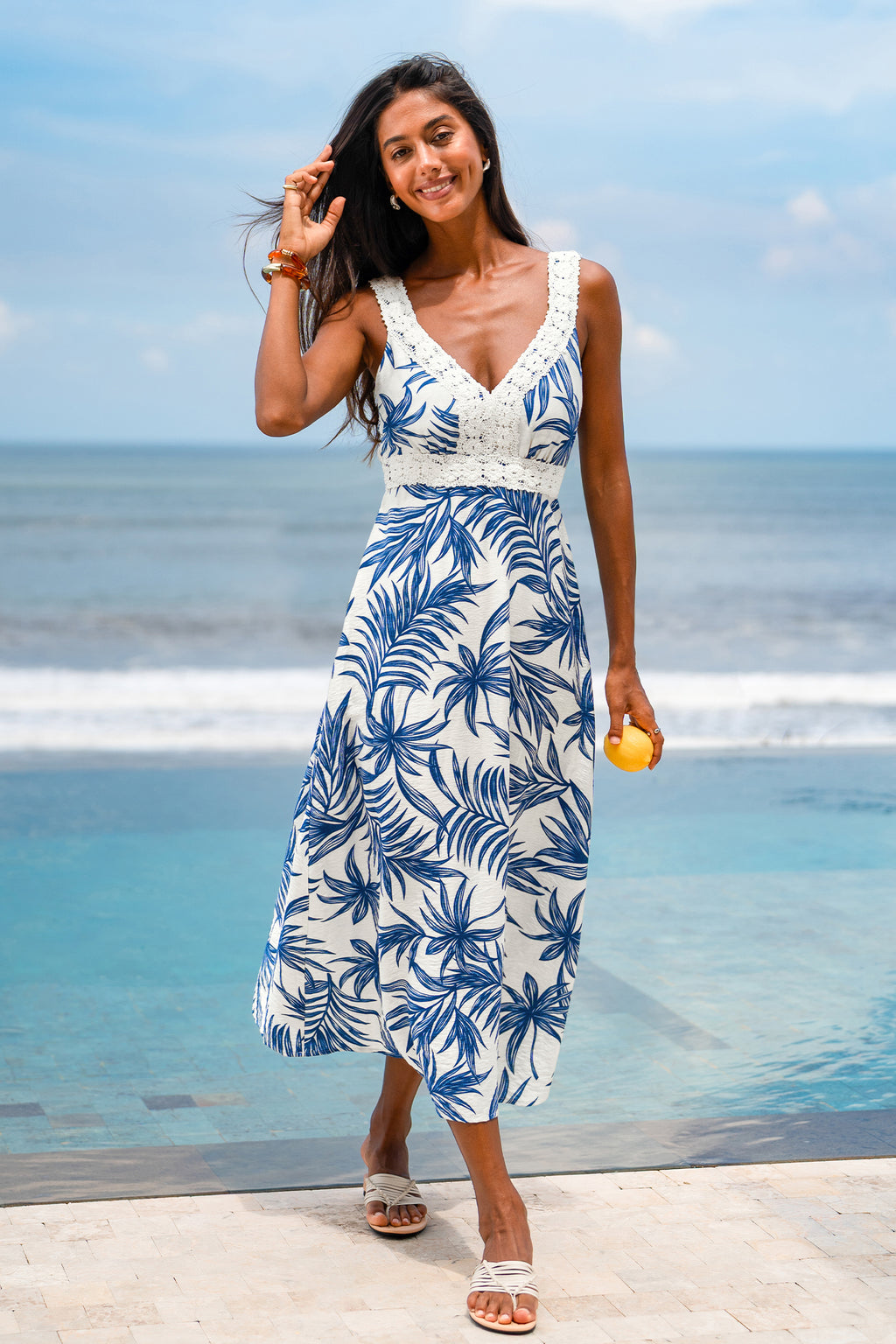 Blau Tropisches V-Ausschnitt Maxi-Strandkleid