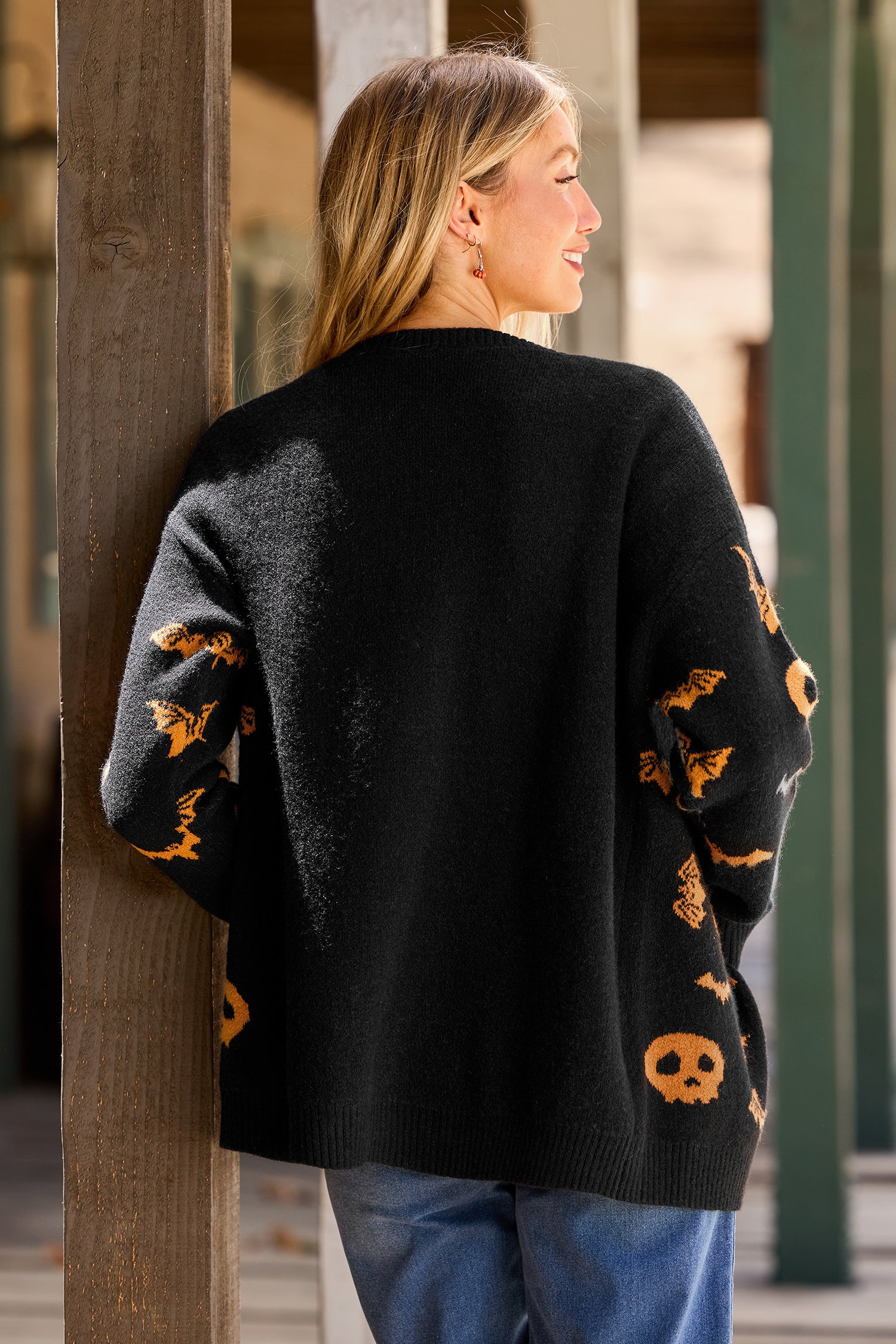 Halloween Schwarze V-Ausschnitt Strickjacke