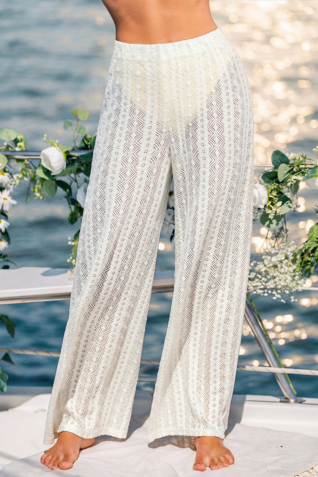Beige Gerade Strick-Strandhose