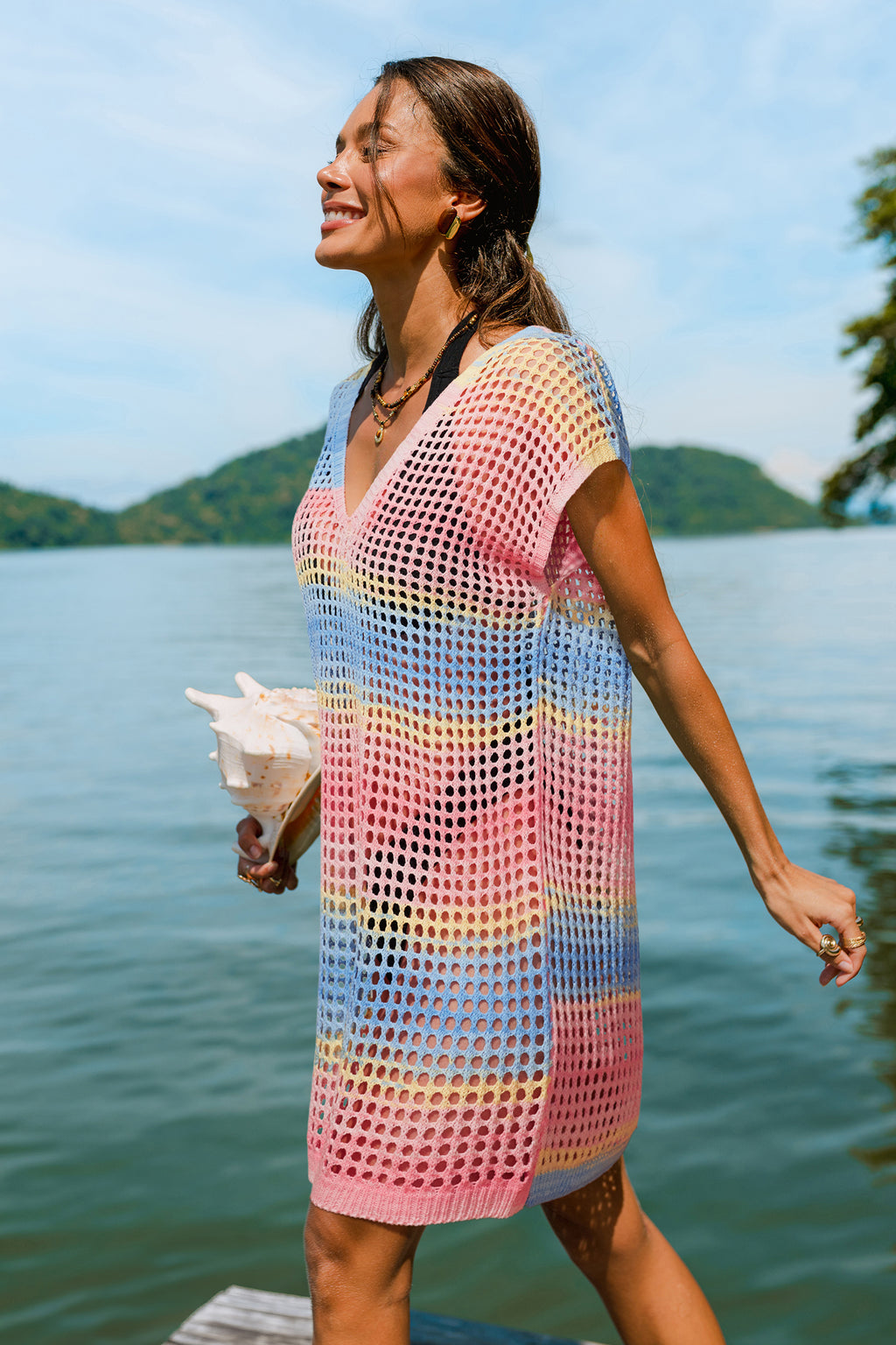 Bunt Gestreiftes Kurzarm Mini-Strick-Strandkleid