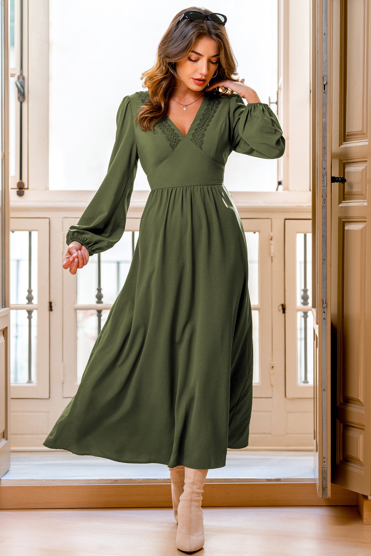 Grünes V-Ausschnitt Lange Ärmel Maxikleid