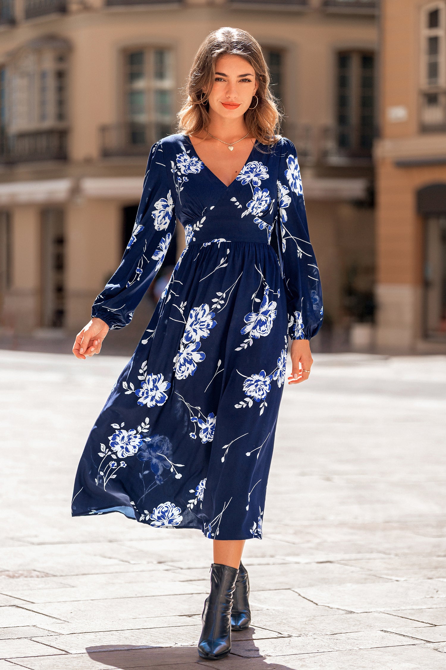 Blaues Geblümtes V-Ausschnitt Lange Ärmel Midkleid