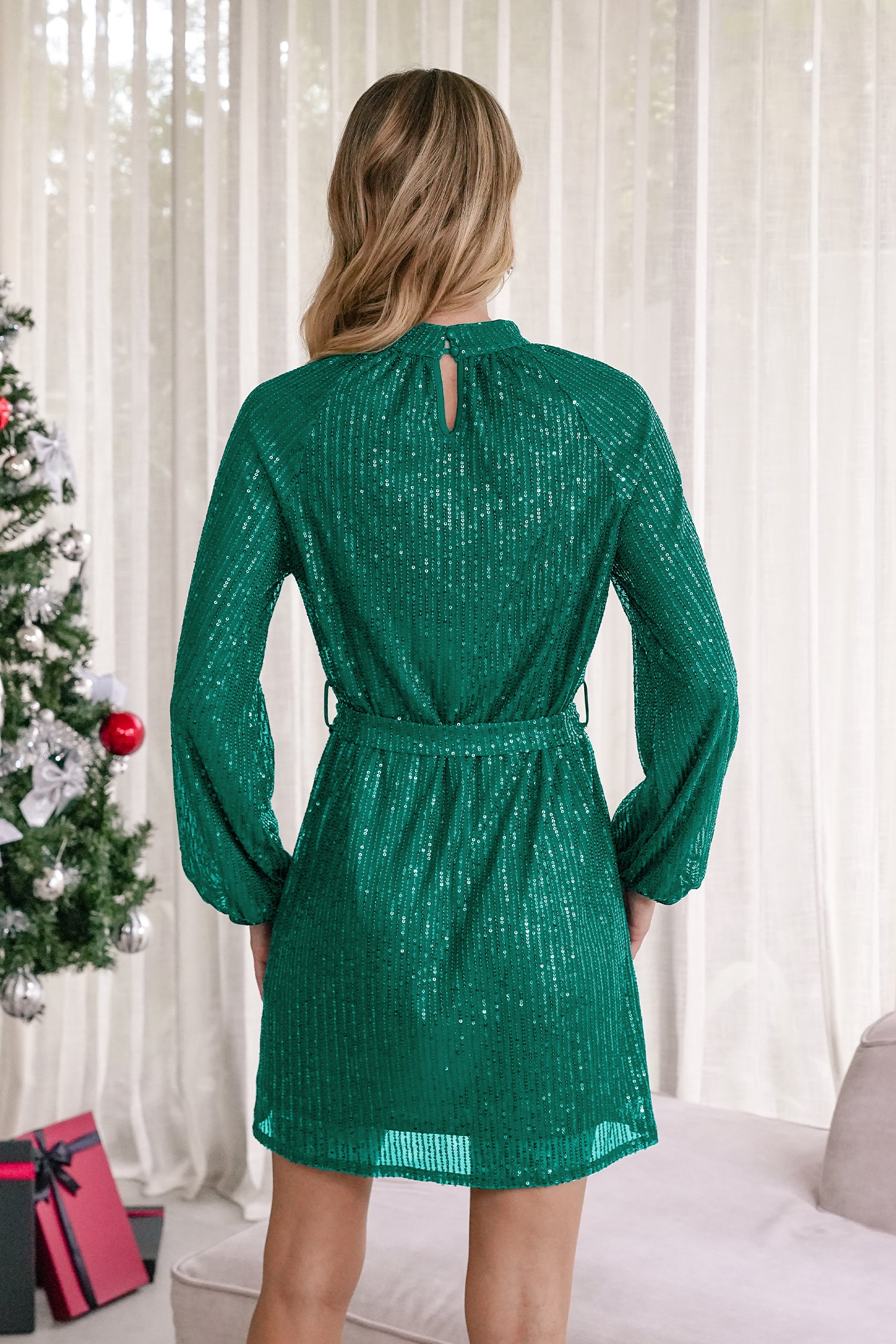 Grünes Hoher Ausschnitt Mini-Paillettenkleid mit Taillenbindung