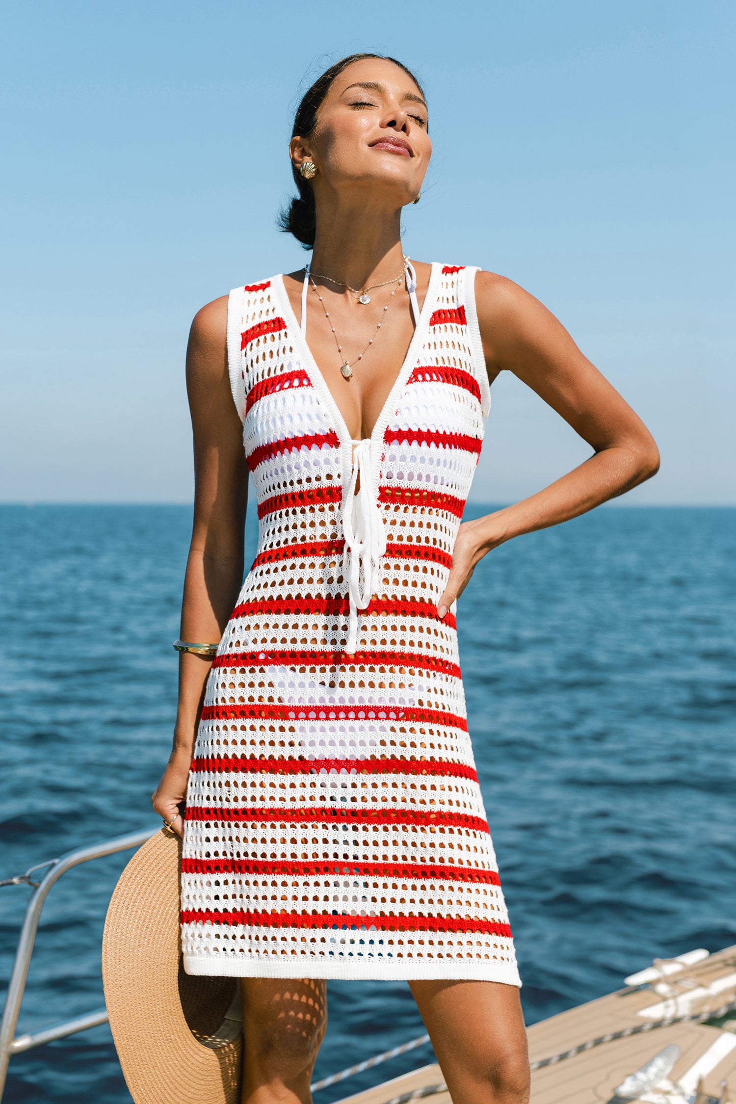 Rot-Weiß Gestreiftes Ärmelloses Mini-Strick-Strandkleid