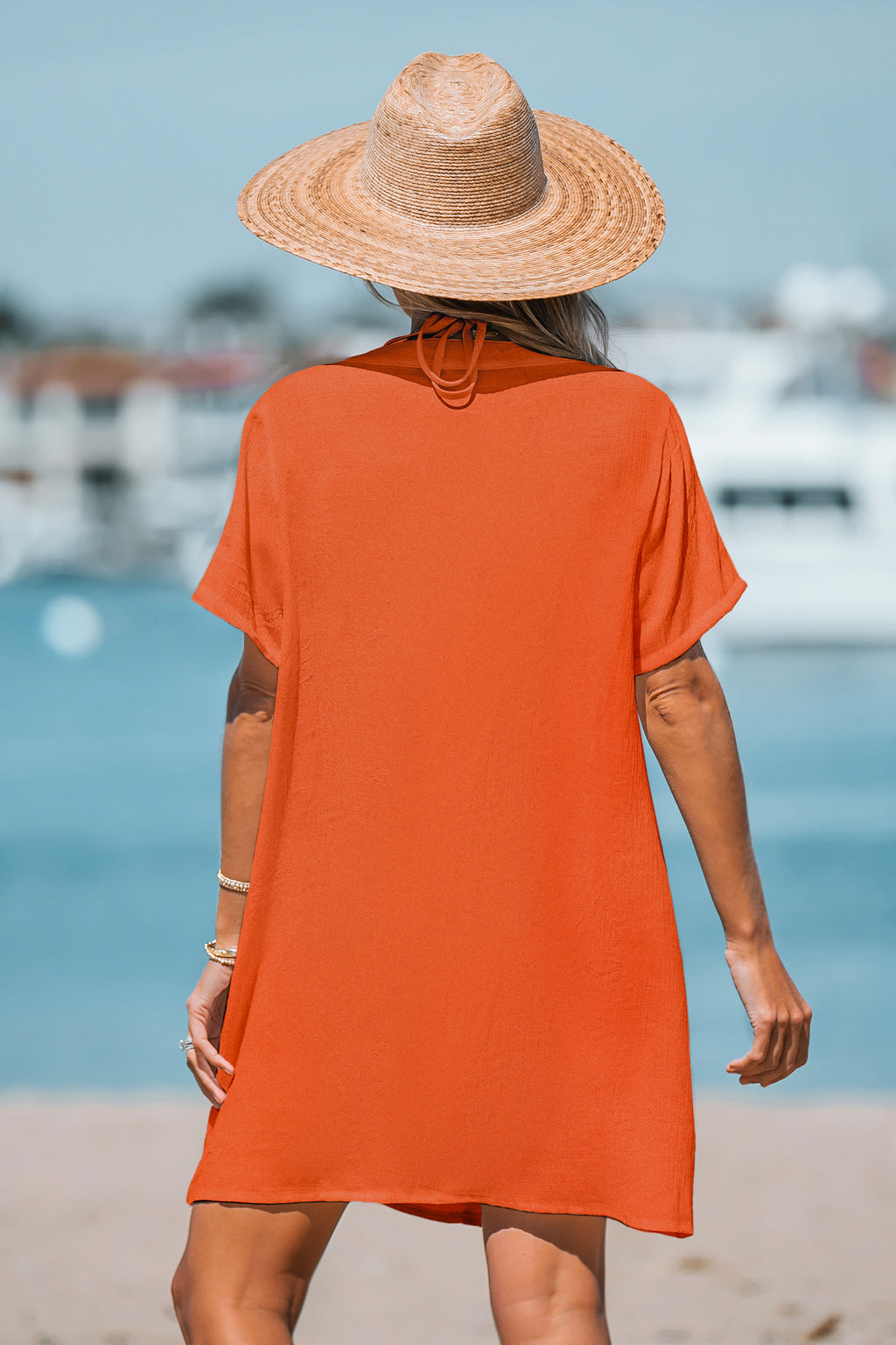 Orangefarbenes Kurzarm Mini-Strandkleid