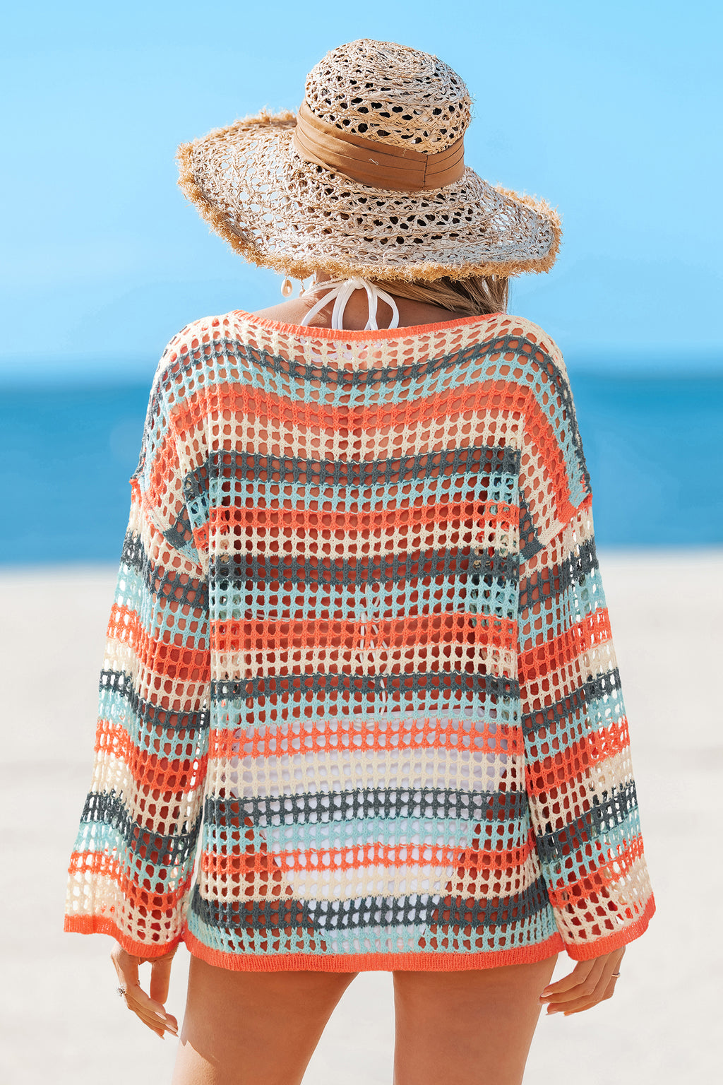 Gestreiftes Langarm Rundhals Strick-Strand-Top