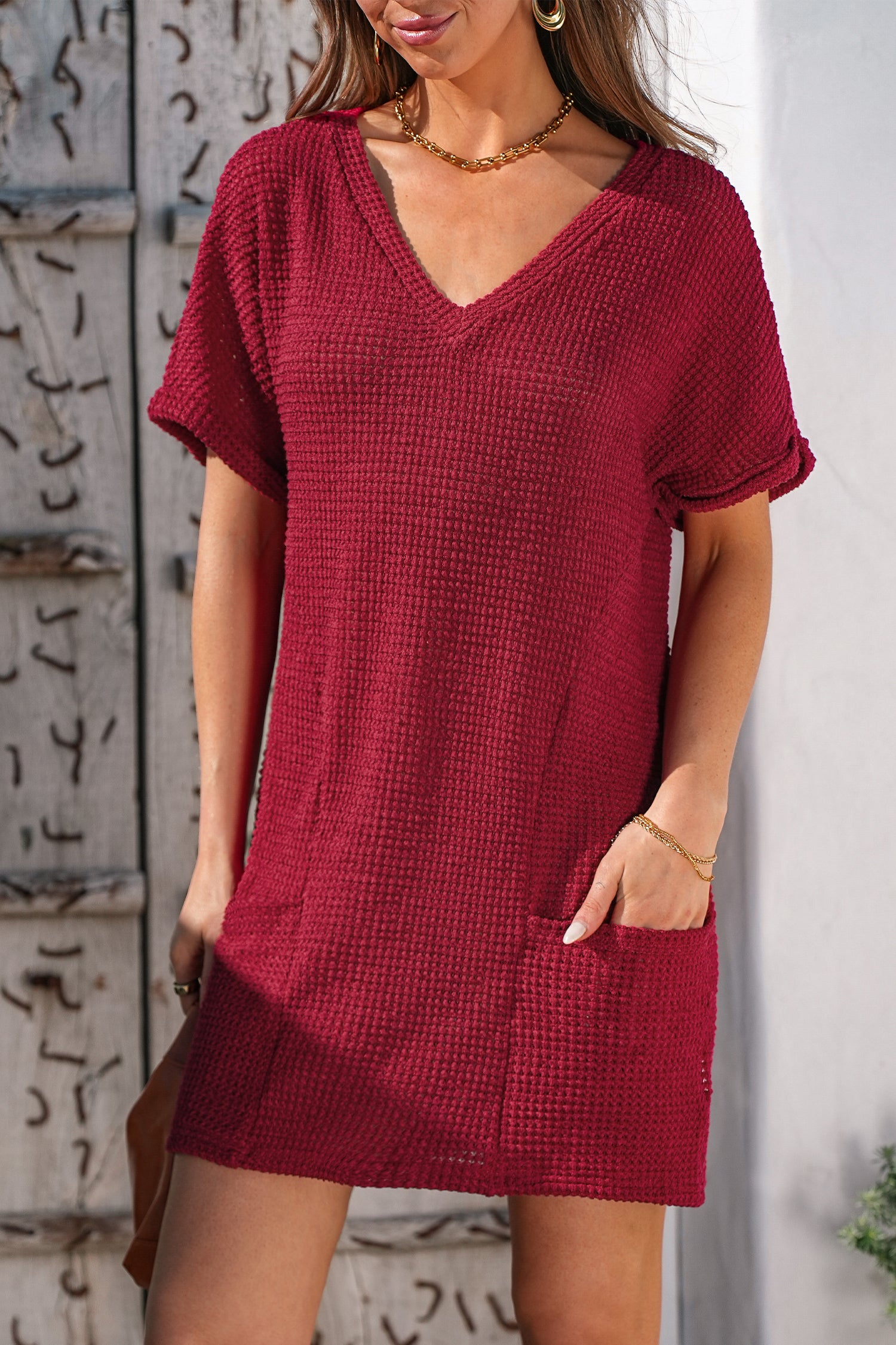 Rotes Kurzarm Mini-Strandkleid