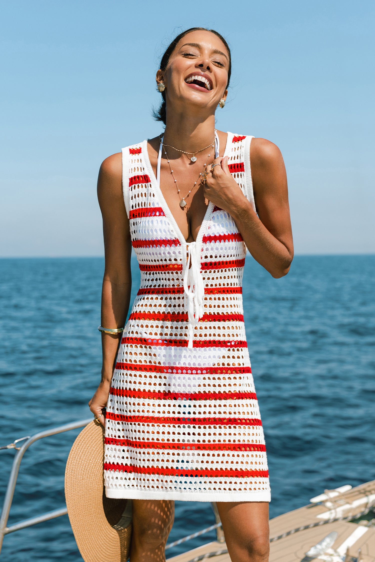 Rot-Weiß Gestreiftes Ärmelloses Mini-Strick-Strandkleid