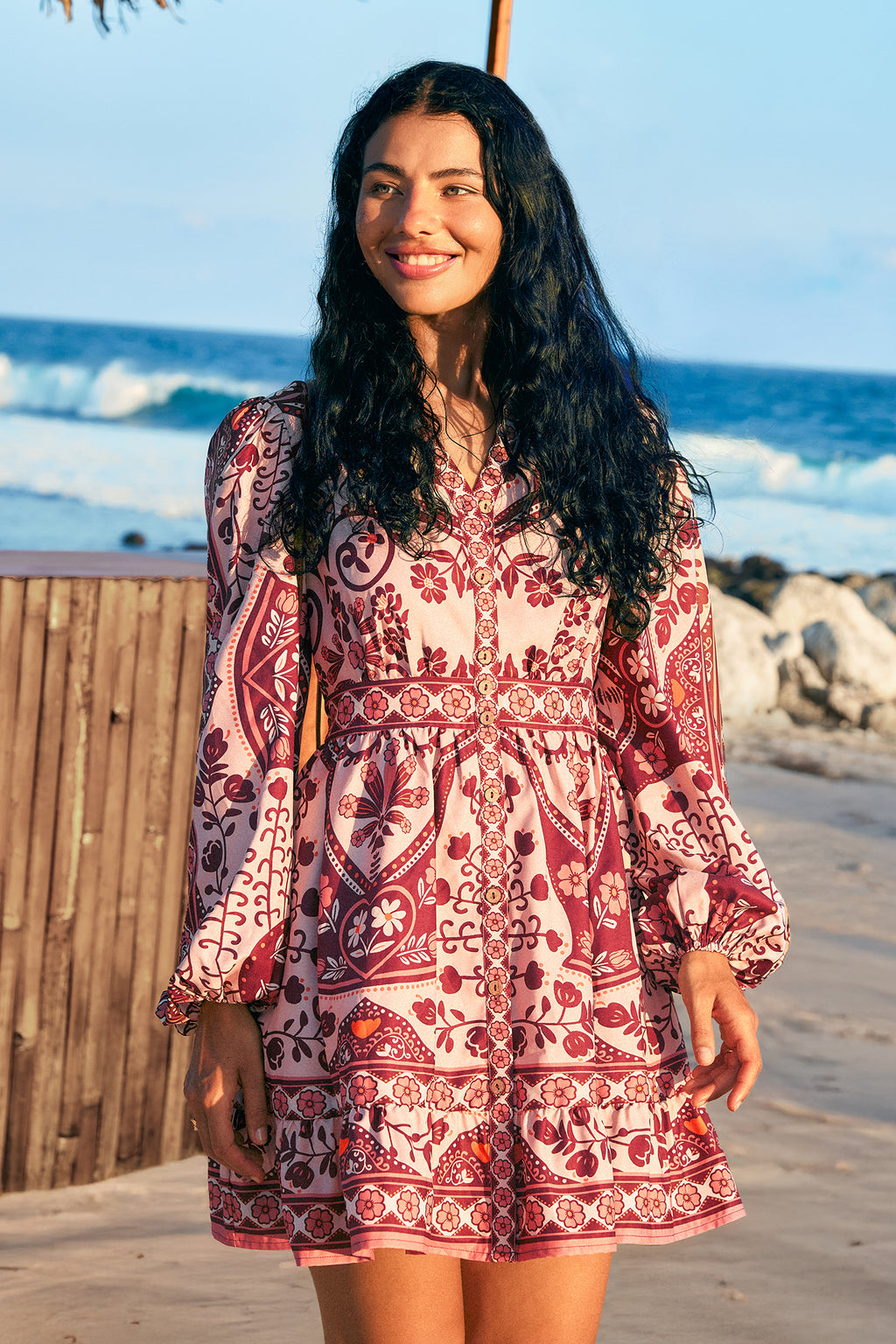Boho braunes Lange Ärmel Minikleid