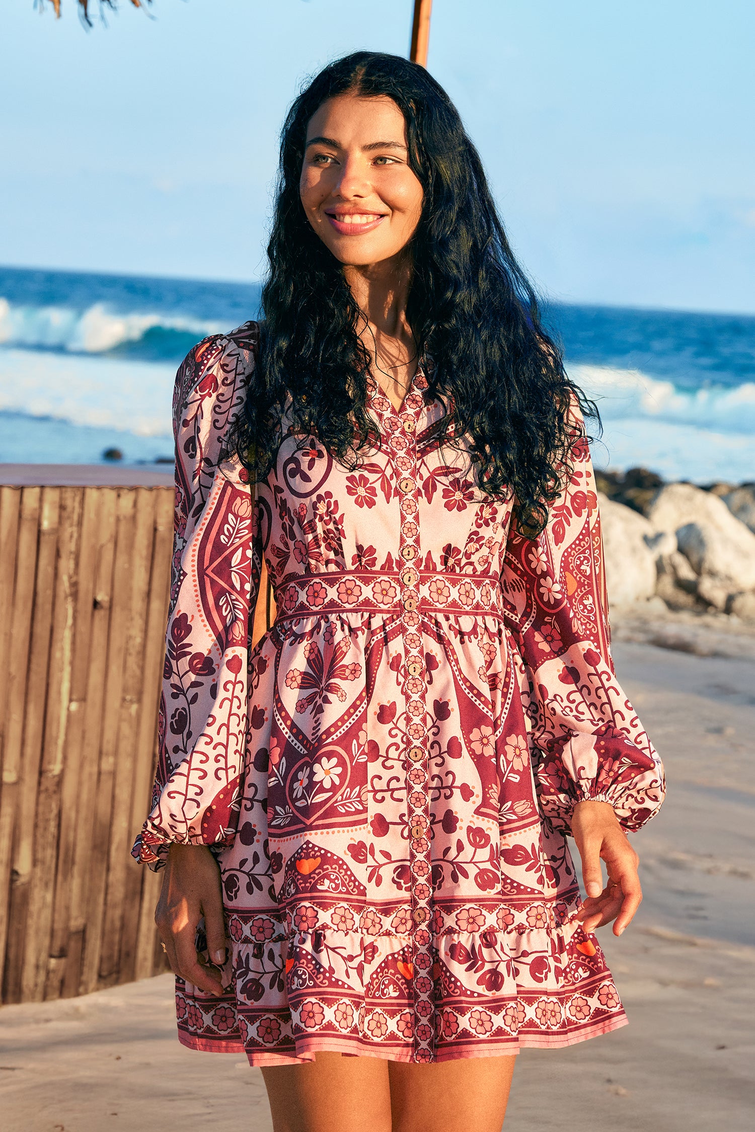 Boho braunes Lange Ärmel Minikleid