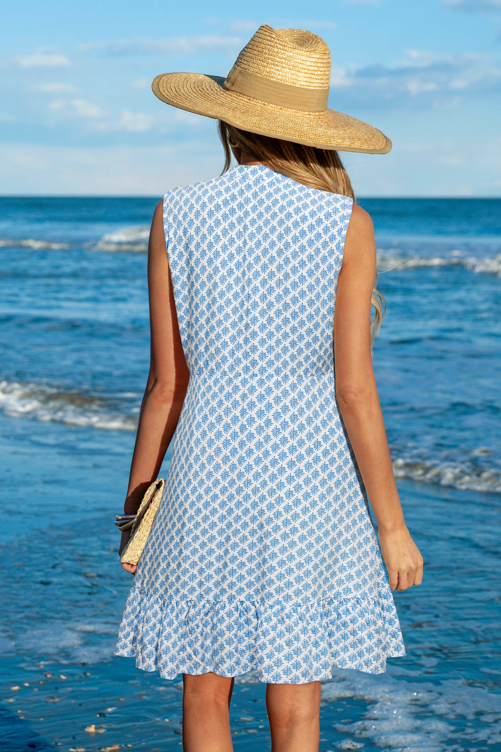 Blau Gestreiftes Ärmelloses Mini-Blusenkleid