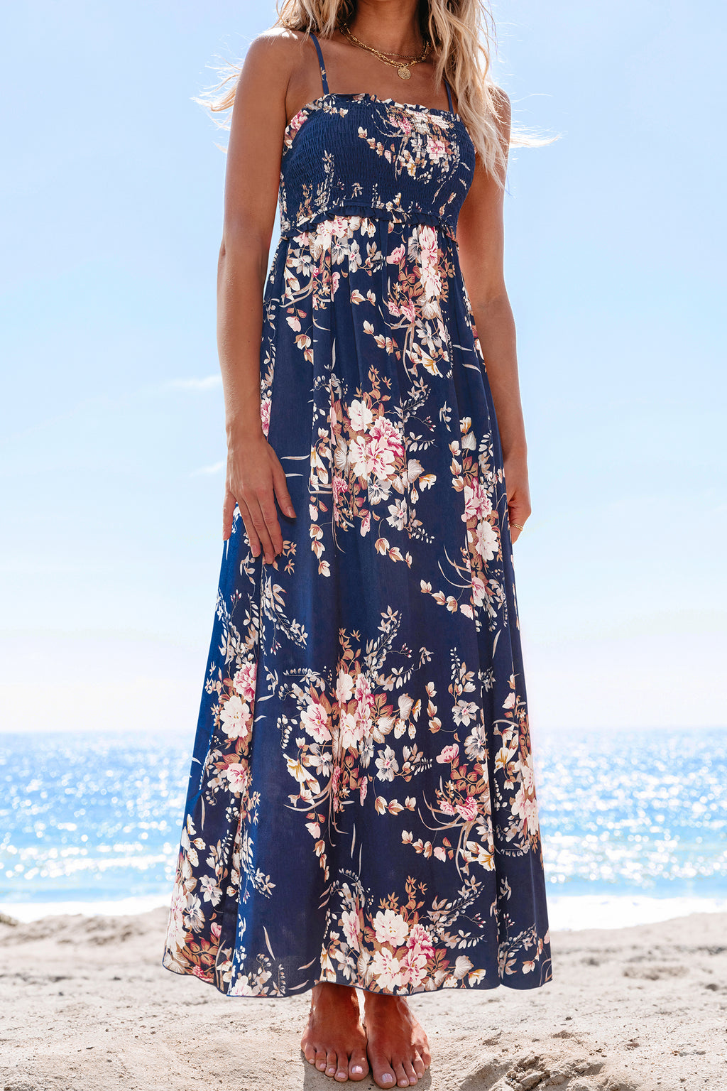 Gesmoktes Blumiges Quadratischer Ausschnitt Maxikleid