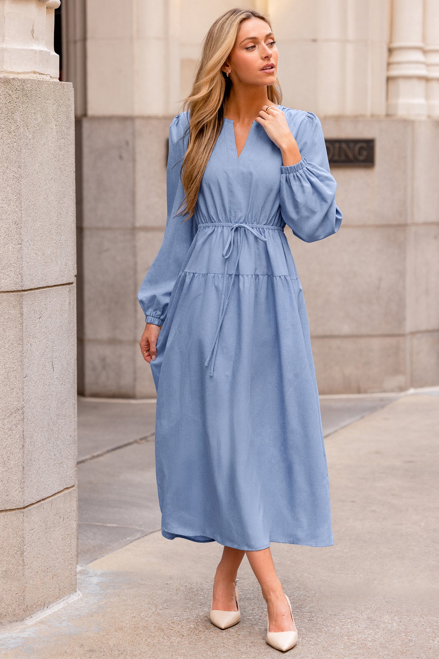 Blaues Lange Ärmel Maxikleid mit Kordelzug