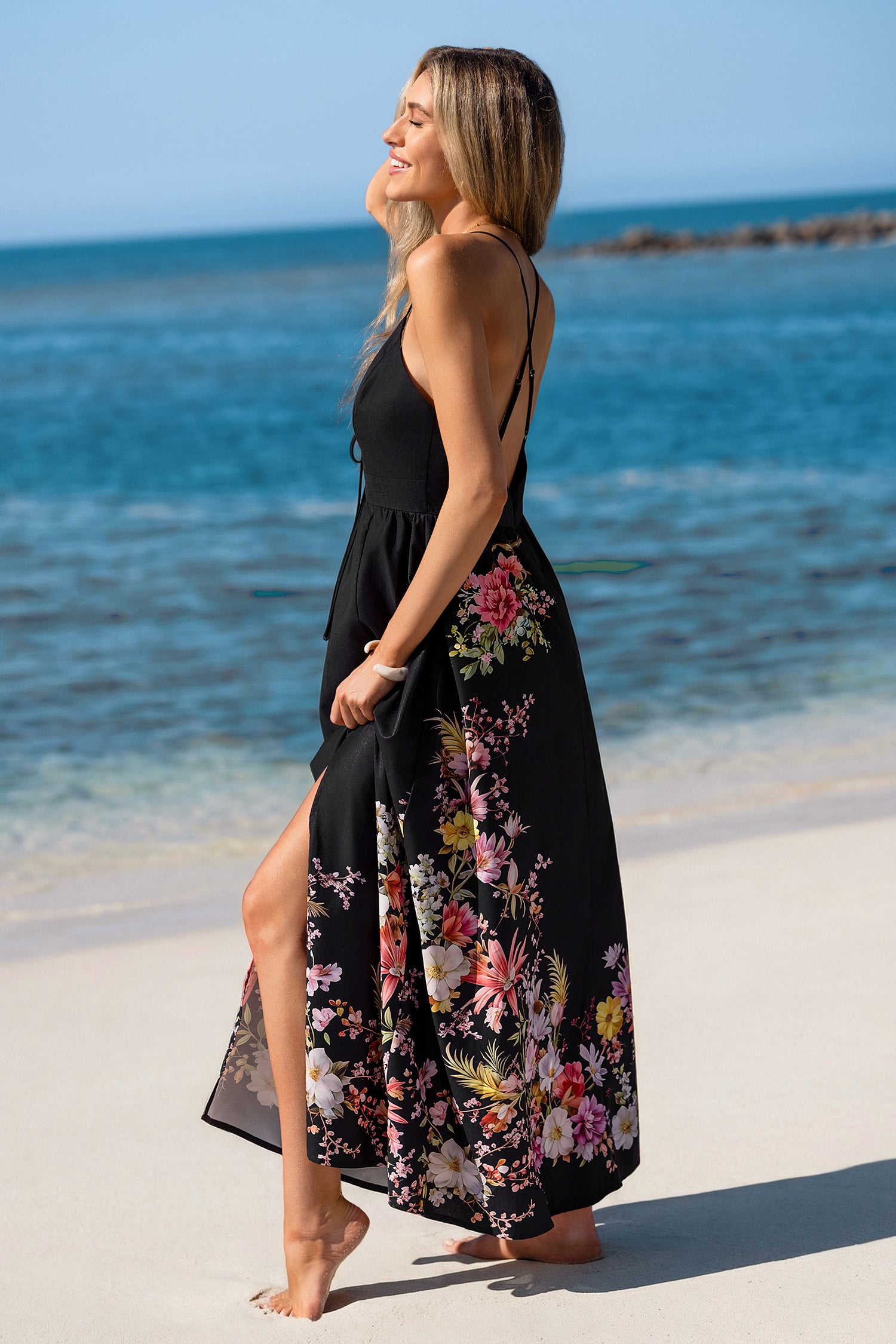 Schwarzes Geblümtes Tiefer Ausschnitt Maxi-Strandkleid