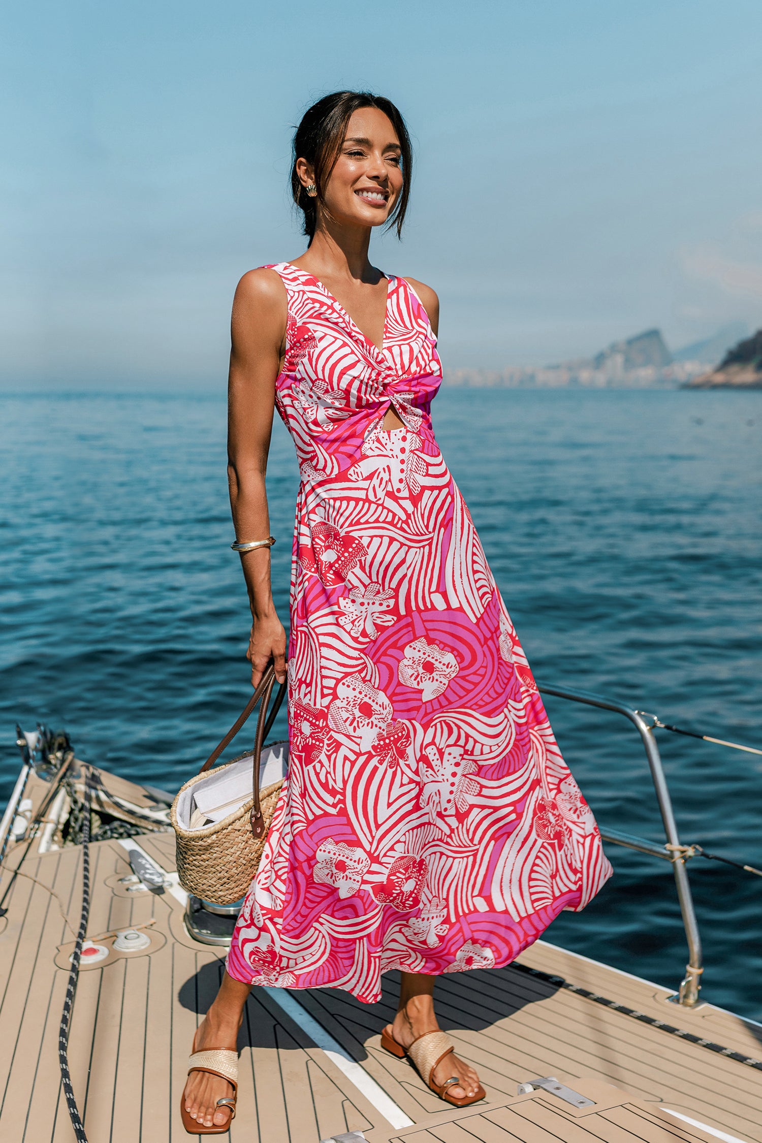 Rosa ärmelloses V-Ausschnitt Maxi-Strandkleid