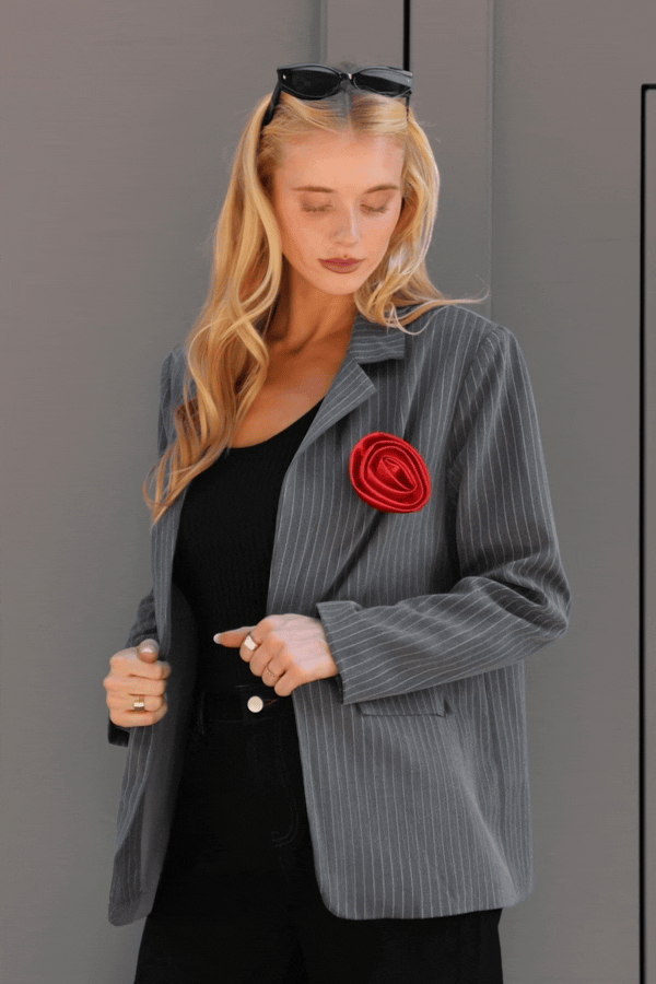 Grau Gestreifter Lange Ärmel Blazer mit Tasche