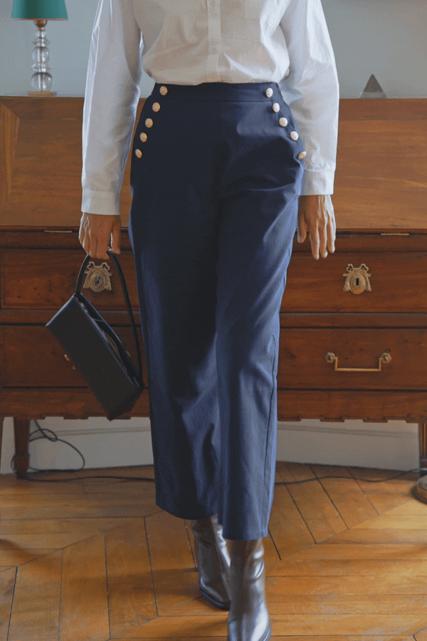 Navy Elastischer Bund Baumwoll-Hose
