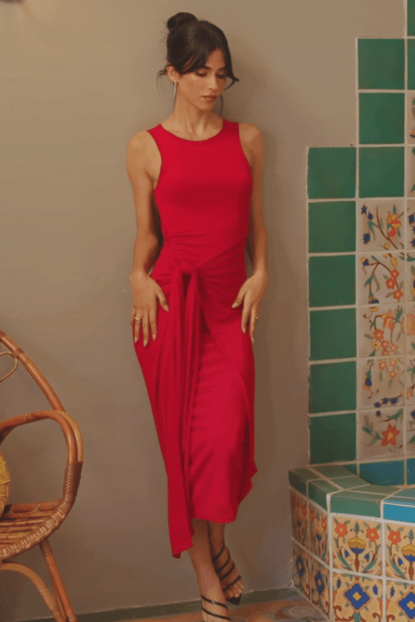 Rotes Ärmelloses Midi-Etuikleid mit Taillengürtel
